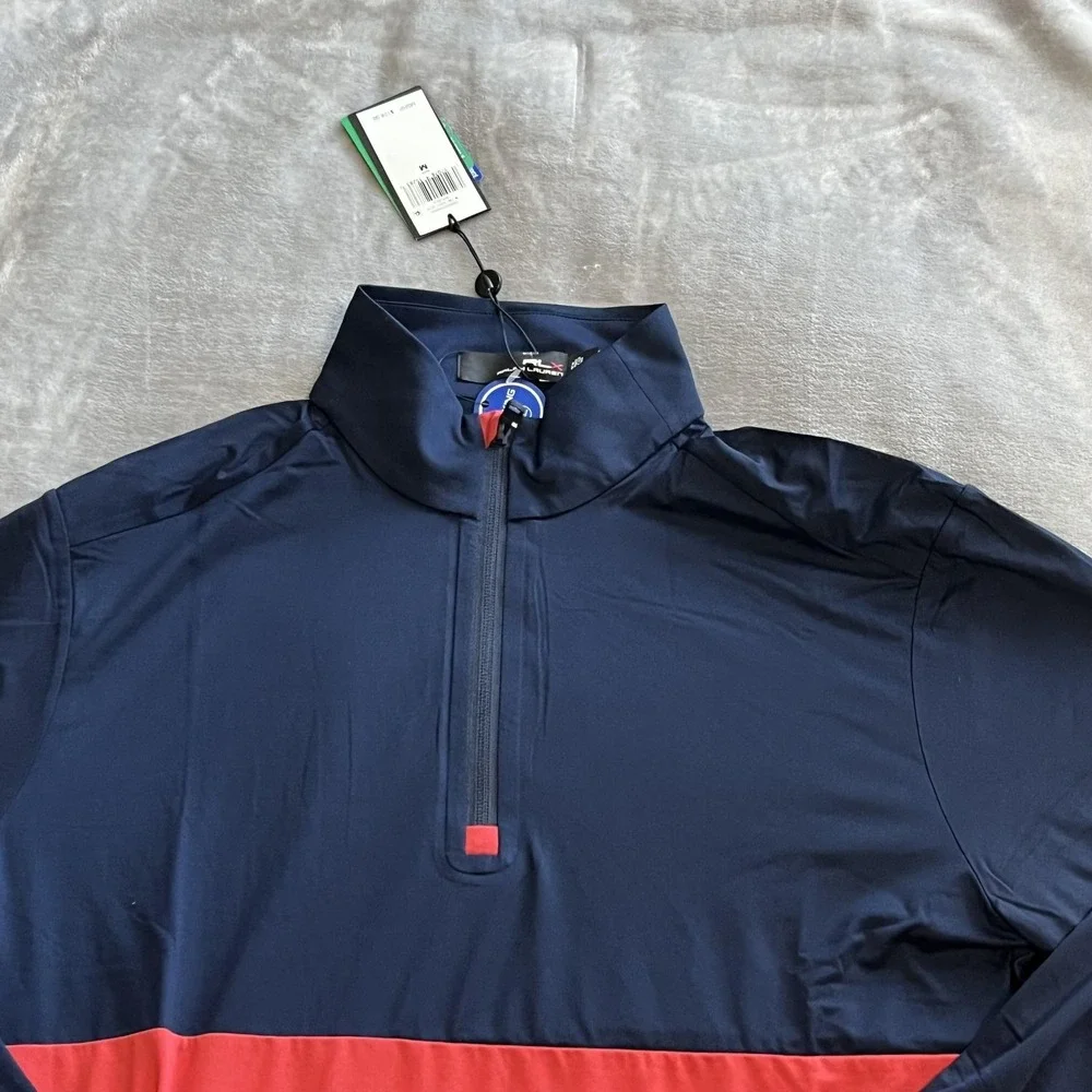 RLX Ralph Lauren Sweater Mens Medium Navy Red Quarter Zip Golf Pullover Wicking